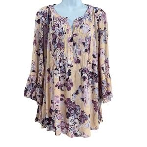 J. Jill Top Womens Sz M Floral Pintuck Bell Sleeve Flowy Romantic Lagenlook Airy
